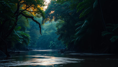 Warm light on jungle riverの素材