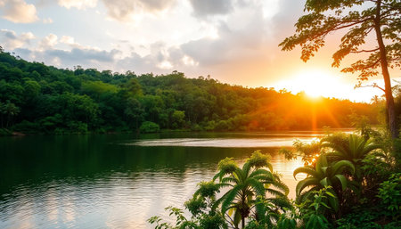 Soft golden glow on jungle lakeの素材