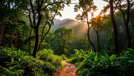 Warm sunlight over jungle pathの素材