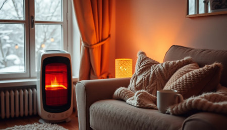 Warm living space with soft lightingの素材