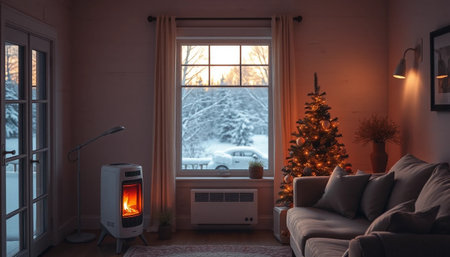 Beautiful calm house with heater glowの素材