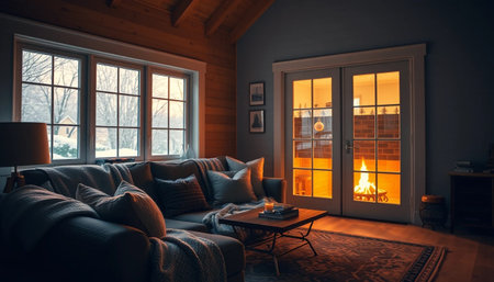 Cozy evening house with glowing heatの素材