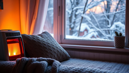 Peaceful glowing home in cold eveningの素材