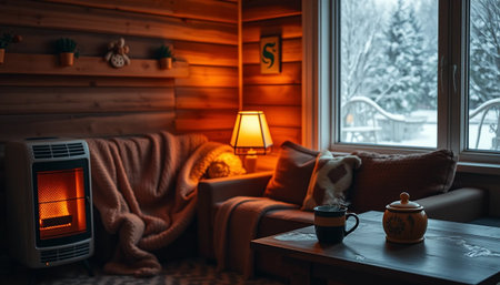 Peaceful warm room with glowing heaterの素材