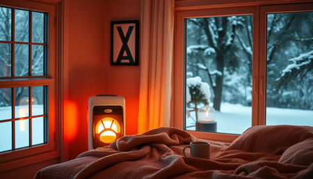 Tranquil warm room with glowing lightの素材