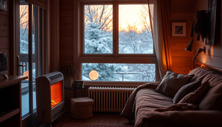Beautiful calm house with heater glowの素材