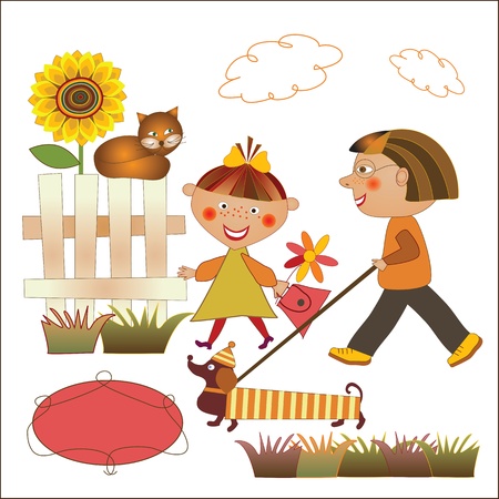 boy and girl walking the dogのイラスト素材