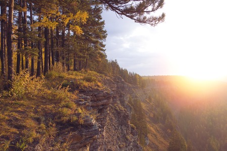 Top of the mountain autumn forest at Sunset time.