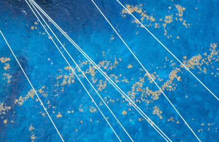 Ships mooring lines cross an azure blue sea in harborの写真素材