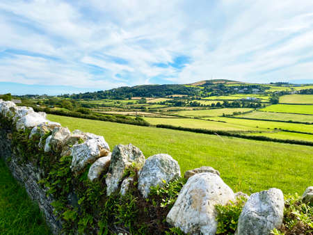 Meadows and mountains near Maughold, Isle of Man, British Islesの写真素材