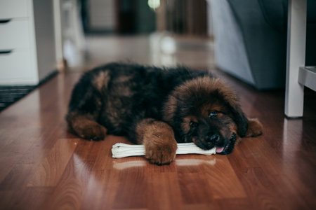 Cute Tibetan Mastiff puppy lying on the floor and eating a boneの写真素材