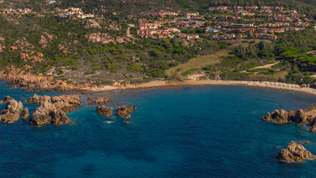 The rocky and sandy beach of Di Cala in the north-west of Sardinia. Drone photos taken on a sunny day. A sunny day at the end of September.の写真素材