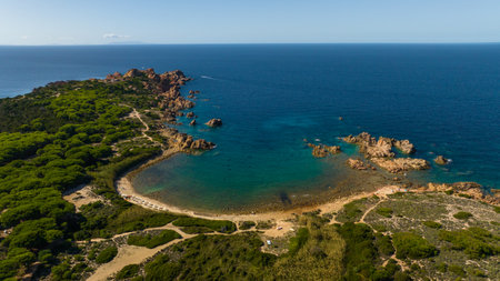 The rocky and sandy beach of Di Cala in the north-west of Sardinia. Drone photos taken on a sunny day. A sunny day at the end of September.の写真素材