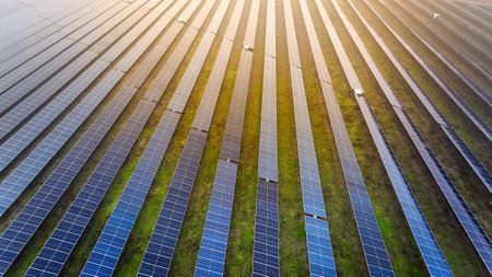 A picture showcasing a vast, contemporary photovoltaic solar farm.