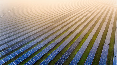 A picture showcasing a vast, contemporary photovoltaic solar farm.