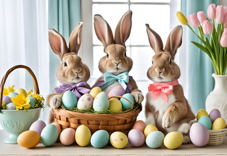 Easter bunnies with basket of eggs and tulips on window background