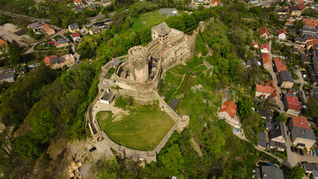 Majestic Bolkow Castle stands proudly in Lower Silesia, Poland, captured by drone.の写真素材