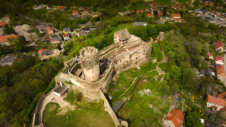 Bird's-eye perspective showcases Bolkow Castle, a historic landmark in Lower Silesia, Poland.の写真素材