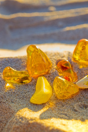 Translucent and opaque amber glows gently on the sand as KoÅobrzeg's golden hour wraps the shore in warmth.の写真素材