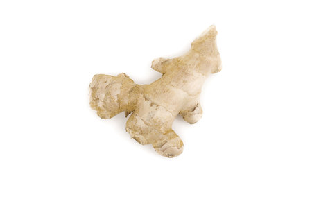 Raw ginger isolated on a pure white surface, offering a clear, detailed view of its structure.