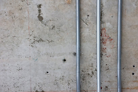 Close up of steel pipes on a concrete wall in construction site.