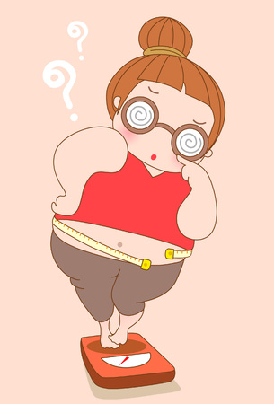 Overweight Woman Standing on Measuring Scaleのイラスト素材