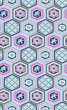 Japanese Hexagon Flower Leaf Seamless Patternのイラスト素材