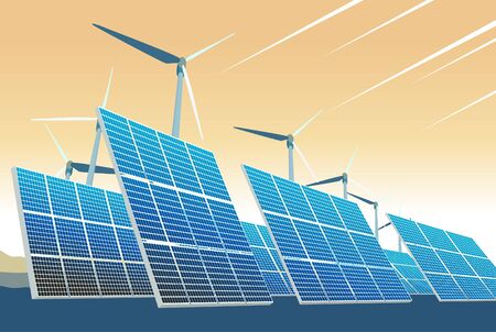 Renewable Energy Wind and Solar Power on Orange Sky