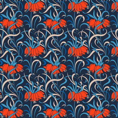 Japanese Wiggle Ivy Red Flower Vector Seamless Patternのイラスト素材