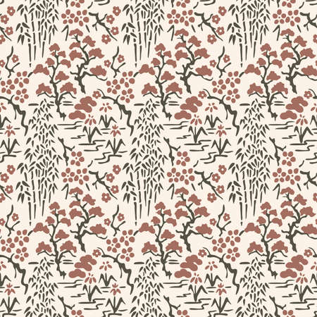 Japanese Flower and Bamboo Vector Seamless Patternのイラスト素材