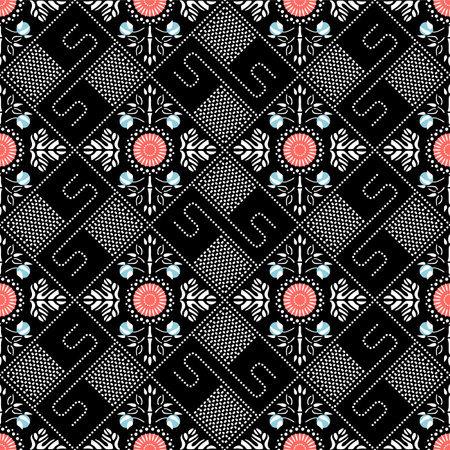 Japanese Flower Motif Square Vector Seamless Pattern