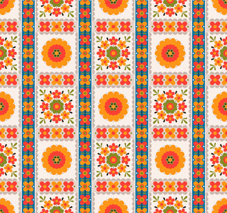 Japanese Colorful Sunflower Mosaic Vector Seamless Pattern