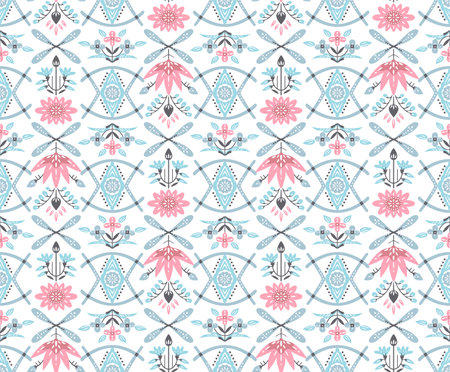 Japanese Pretty Flower Motif Vector Seamless Patternのイラスト素材