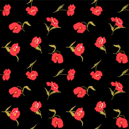 Japanese Poppy flower Leaf Vector Seamless Patternのイラスト素材