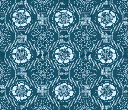 Japanese Dot Line Flower Octagon Vector Seamless Patternのイラスト素材