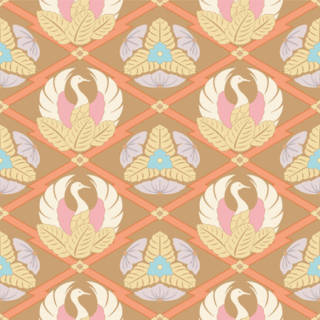 Japanese Crane Bird Circle Motif Vector Seamless Patternのイラスト素材