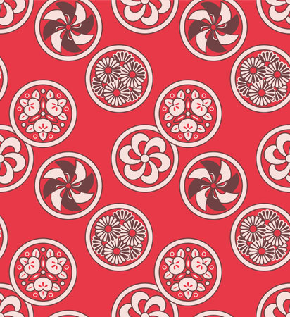 Japanese Flower Circle Motif Crest Vector Seamless Patternのイラスト素材