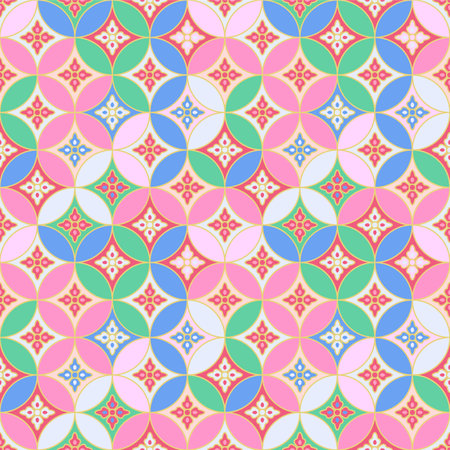 Japanese Colorful Flower Circle Mosaic Vector Seamless Pattern