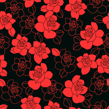 Japanese Red Black Rose Motif Vector Seamless Patternのイラスト素材