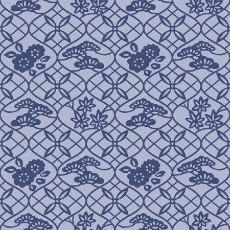 Japanese Flower Curl Diamond Net Vector Seamless Patternのイラスト素材