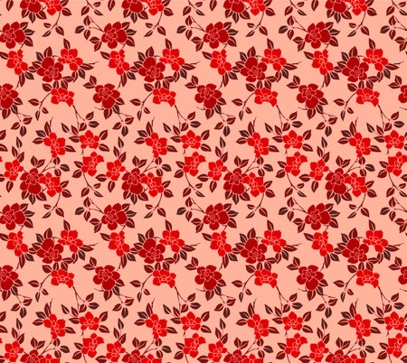 Japanese Red Flower Leaf Branch Vector Seamless Patternのイラスト素材