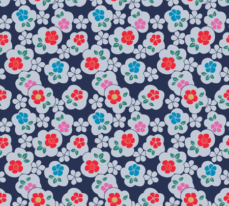 Japanese Cute Round Flower Leaf Vector Seamless Patternのイラスト素材
