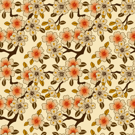 Japanese Pretty Flower Leaf Vector Seamless Patternのイラスト素材
