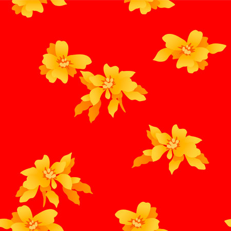 Japanese Gold Flower Leaf Red Background Vector Seamless Patternのイラスト素材