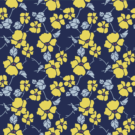 Japanese Flower Leaf Branch Vector Seamless Patternのイラスト素材