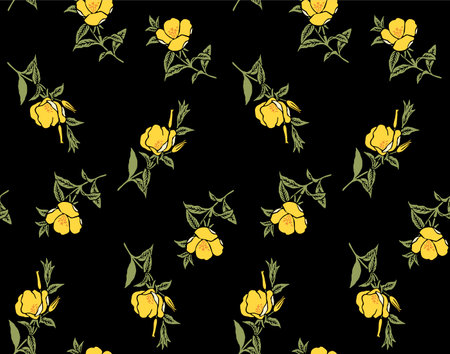 Japanese Wild Yellow Flower Leaf Vector Seamless Patternのイラスト素材