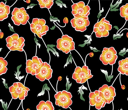 Japanese Flower Leaf Vine Vector Seamless Patternのイラスト素材