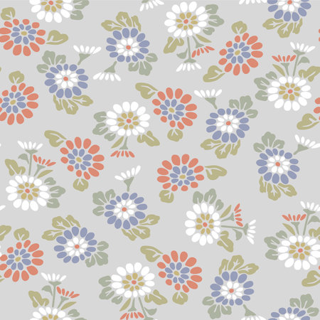 Japanese Cute Round Flower Leaf Vector Seamless Patternのイラスト素材
