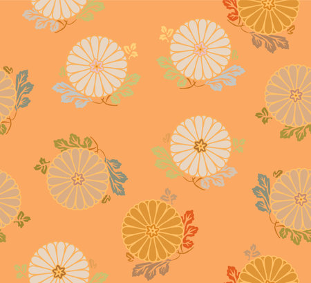 Japanese Circle Flower Leaf Motif Vector Seamless Patternのイラスト素材