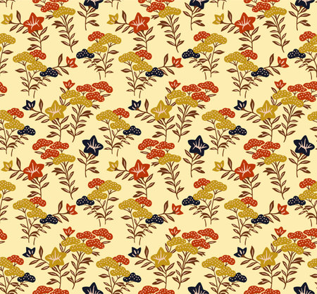 Japanese Wild Flower Leaf Branch Vector Seamless Patternのイラスト素材